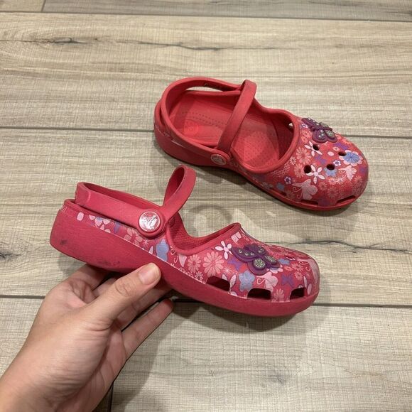 Crocs Karin Butterfly Floral Double Strap Mary Jane Clogs Girls Size 13 - Picture 1 of 10